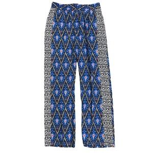 Hester & Orchard Linen Blend Blue Ikat Boho Printed Wide Leg Casual Pants